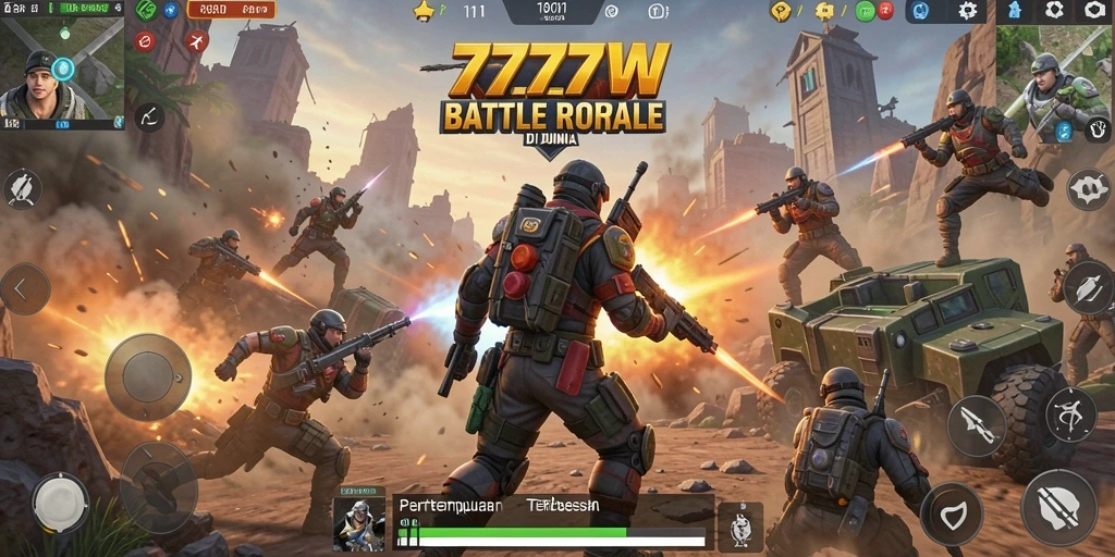 Tampilan aksi mendebarkan dalam gameplay Battle Royale di 7777W.