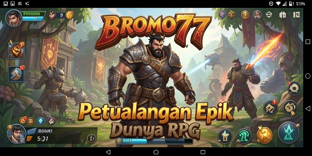 Tangkapan layar gameplay BROMO77 menampilkan pertarungan epik dan karakter unik.
