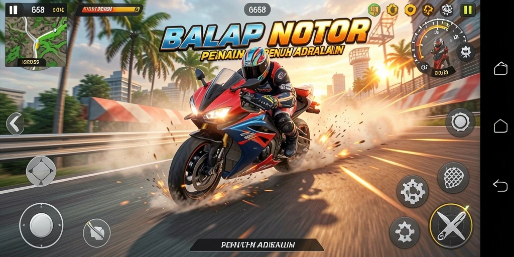 Screenshot G668 menampilkan aksi balapan motor yang mendebarkan.
