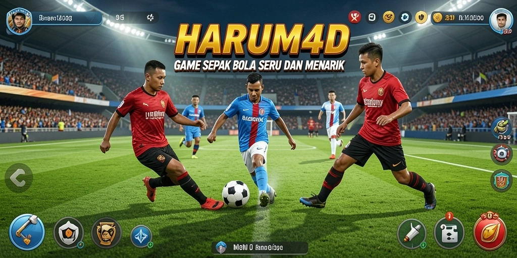 Tampilan gameplay seru di HARUM4D yang menggambarkan aksi sepak bola.