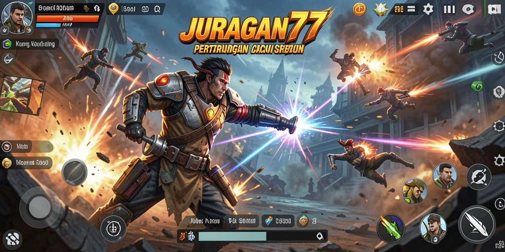 Screenshot JURAGAN77 menampilkan pertempuran aksi yang dinamis.
