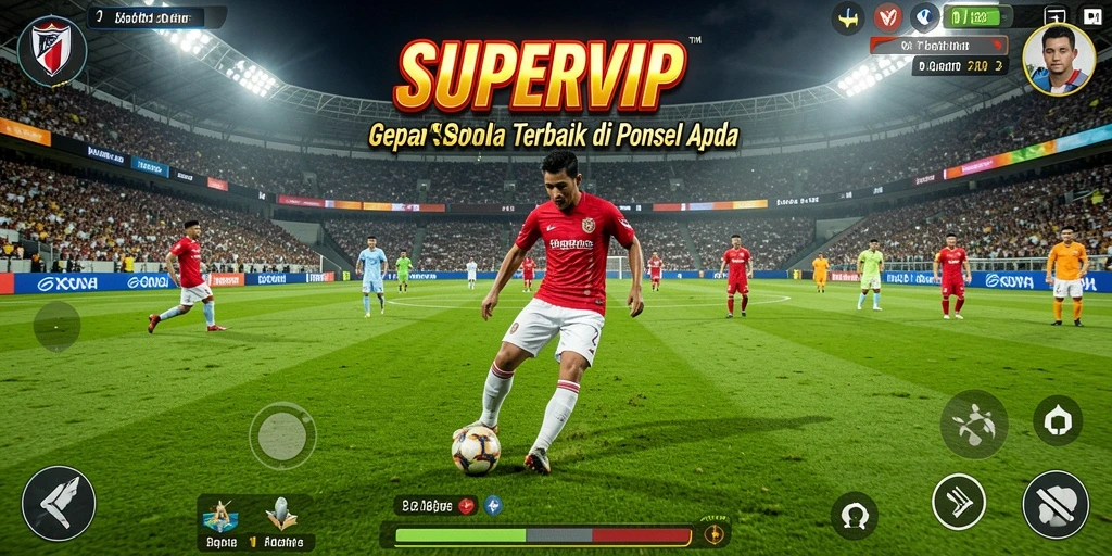 Tampilan gameplay seru dalam SUPERVIP yang menggambarkan aksi sepak bola.